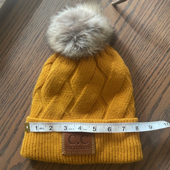 CC EXCLUSIVES Mustard Yellow Faux Fur Pom Fleece Lined Stocking Cap NWOT - Picture 6 of 7